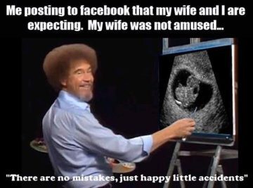 Bob Ross painting an ultrasound image with a humorous caption