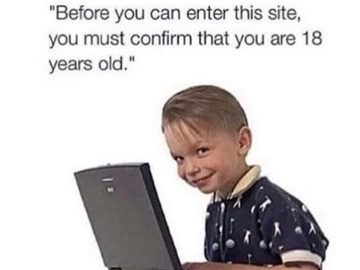 Smirking child using a laptop with humorous age prompt