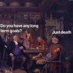 Historical painting with humorous text about long-term goals