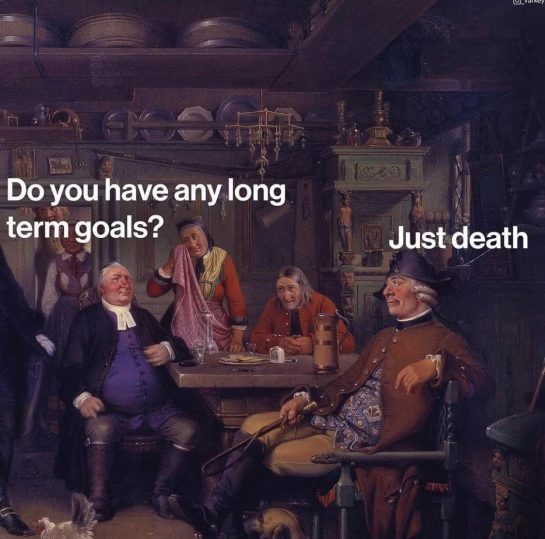 Historical painting with humorous text about long-term goals