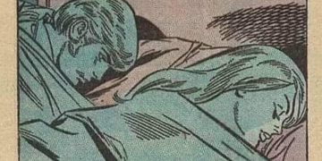 Vintage comic of a couple in bed with a humorous thought bubble