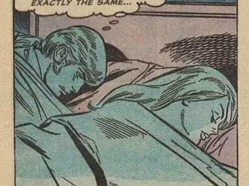 Vintage comic of a couple in bed with a humorous thought bubble