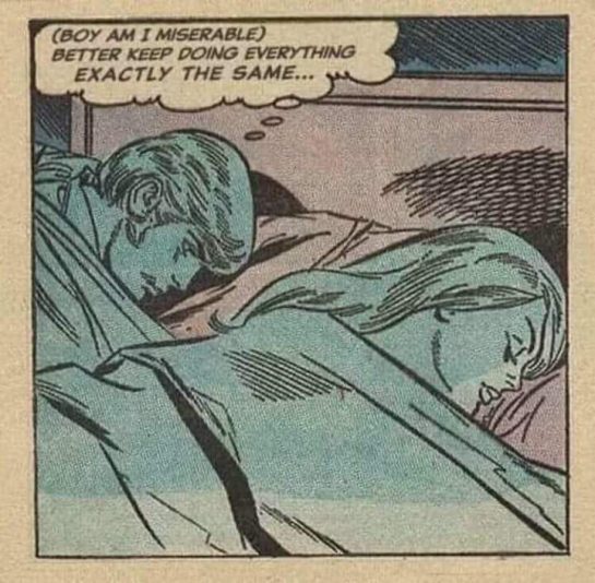 Vintage comic of a couple in bed with a humorous thought bubble