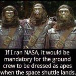 Three people dressed as apes for a space shuttle joke.