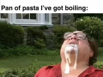Man with boiling pasta splatter on face, funny cooking meme