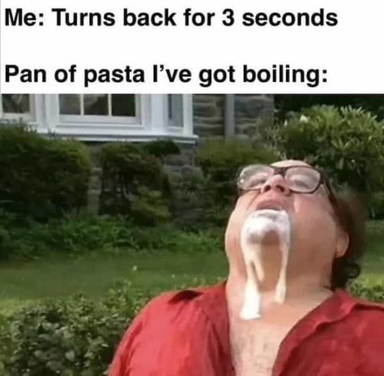 Man with boiling pasta splatter on face, funny cooking meme
