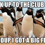 Penguins walking with funny caption about clubbing