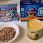 Mac and cheese and hot chocolate prepared from boxed mixes