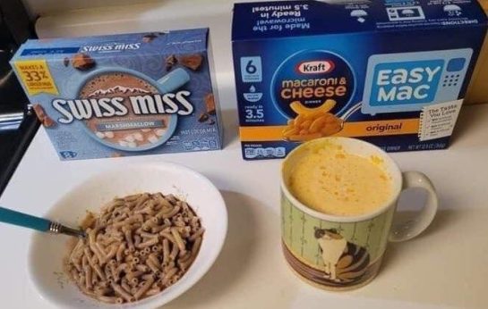 Mac and cheese and hot chocolate prepared from boxed mixes