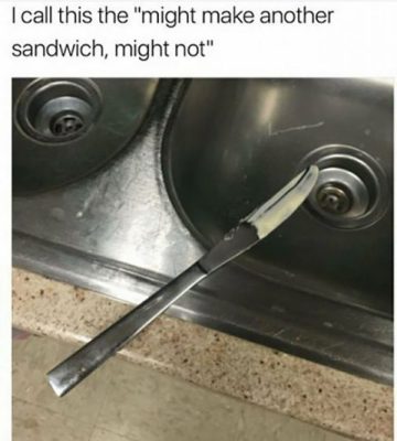 Butter knife resting on sink with leftover spread in funny scenario