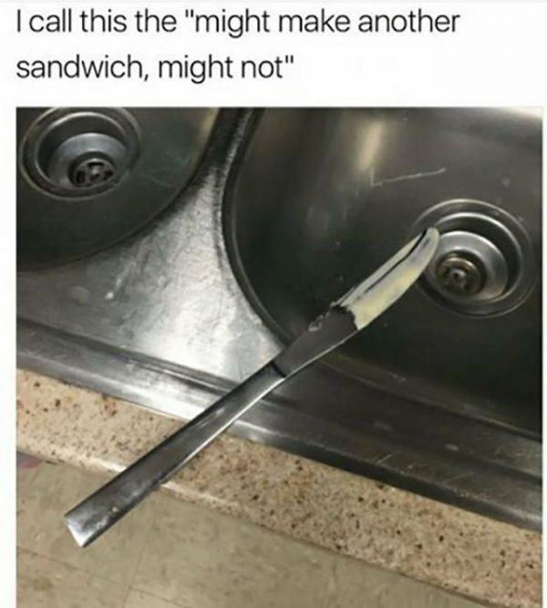 Butter knife resting on sink with leftover spread in funny scenario