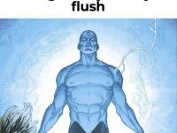 A glowing blue humanoid figure ascending with a caption about unintentionally cleaning the toilet.
