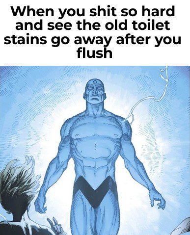 A glowing blue humanoid figure ascending with a caption about unintentionally cleaning the toilet.