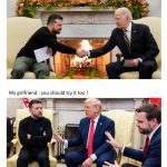 A humorous meme with political figures shaking hands, representing relationship negotiations.