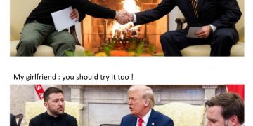 A humorous meme with political figures shaking hands, representing relationship negotiations.