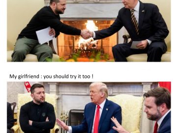 A humorous meme with political figures shaking hands, representing relationship negotiations.