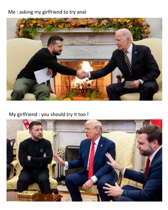 A humorous meme with political figures shaking hands, representing relationship negotiations.