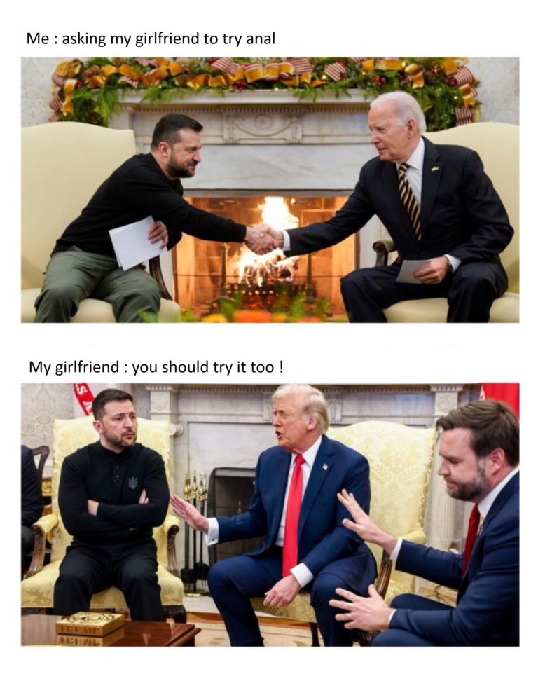 A humorous meme with political figures shaking hands, representing relationship negotiations.