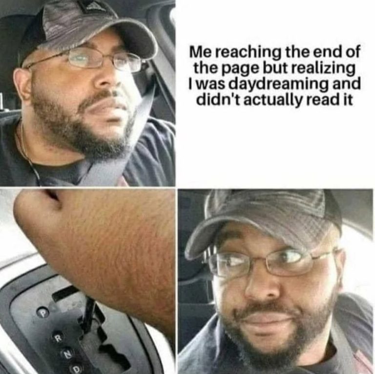 Person daydreaming while reading and realizing at the end