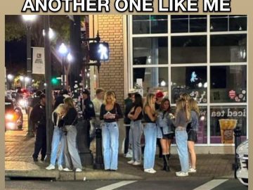 Group of people outside wearing similar outfits, resembling each other humorously.