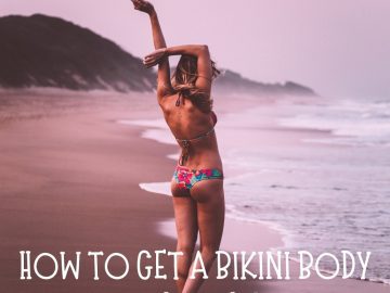 Woman on beach with text about getting a bikini body