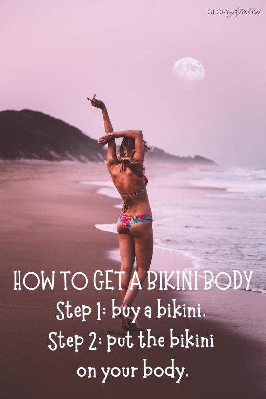 Woman on beach with text about getting a bikini body