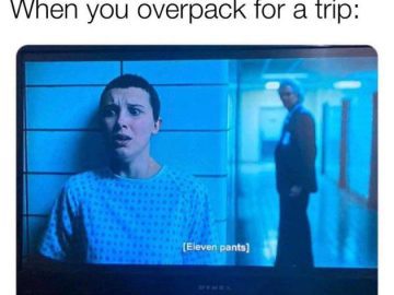 TV screen showing humorous scene about packing too many pants.