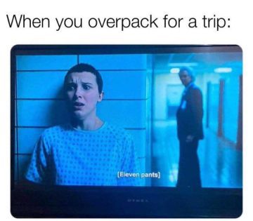 TV screen showing humorous scene about packing too many pants.