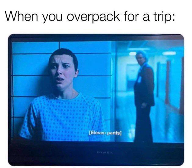 TV screen showing humorous scene about packing too many pants.