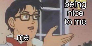 Cartoon character pointing at butterfly captioned "Is this love?"