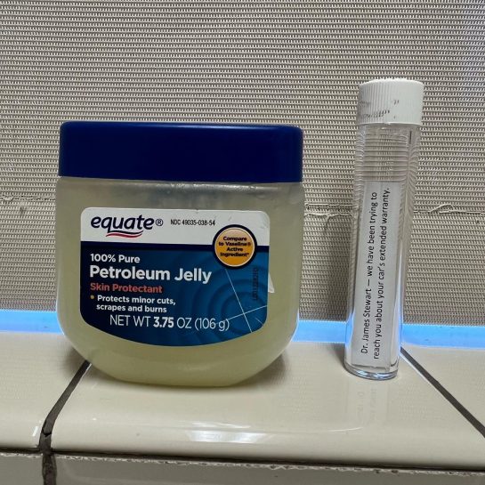 Petroleum jelly with prank voicemail about car warranty