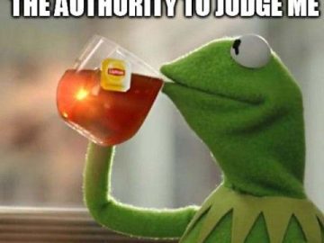 Kermit the Frog sipping tea with a humorous judgment caption