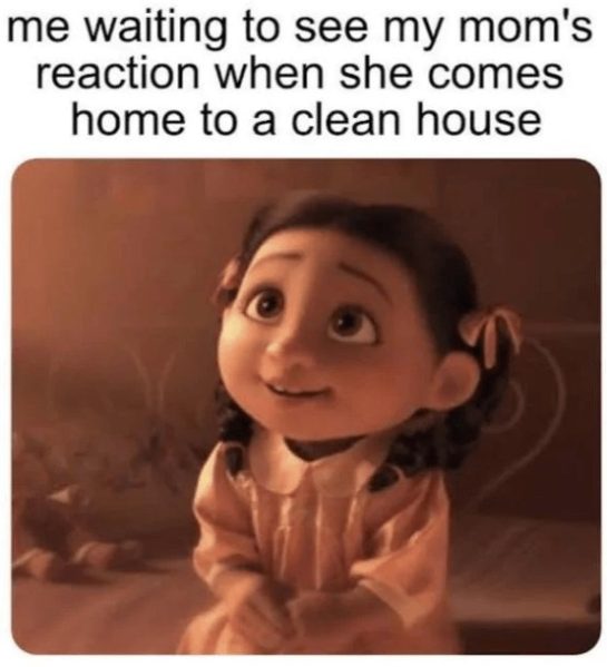 Animated girl eagerly awaiting mom's reaction to a clean house.