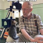 Kitten sits with grandpa, listening intently to his stories.