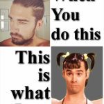 Split image comparing man bun style to a humorous ponytail look.