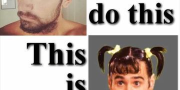 Split image comparing man bun style to a humorous ponytail look.