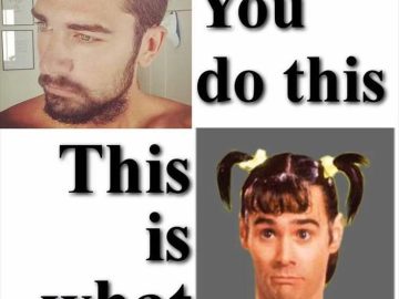 Split image comparing man bun style to a humorous ponytail look.