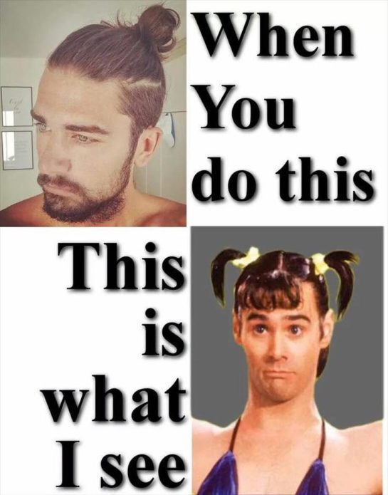 Split image comparing man bun style to a humorous ponytail look.