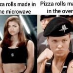 Funny meme comparing microwave and oven-baked pizza rolls