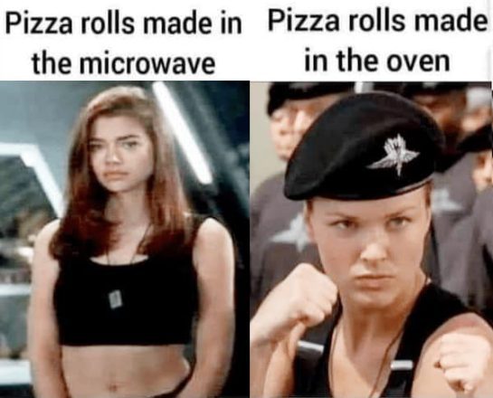Funny meme comparing microwave and oven-baked pizza rolls