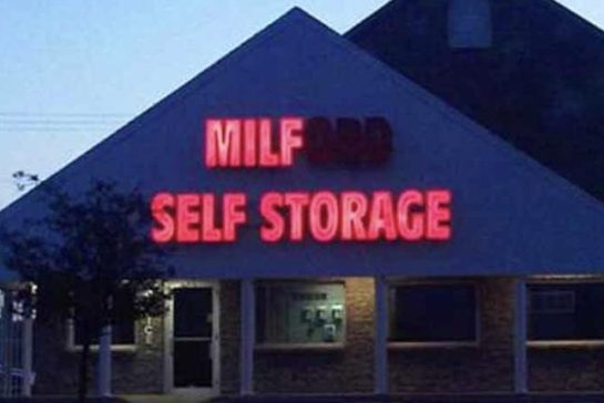 Illuminated self storage sign missing letters, humor fail