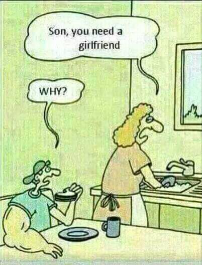 Cartoon mom tells son he needs a girlfriend, son puzzled.