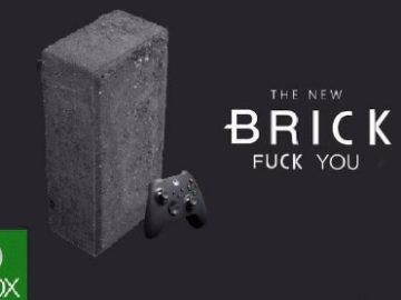 Xbox console parody with a brick and controller.