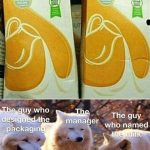 Hilarious milk packaging fail with wolves laughing at the design.