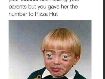 Kid smirking after teacher calls Pizza Hut instead of parents.