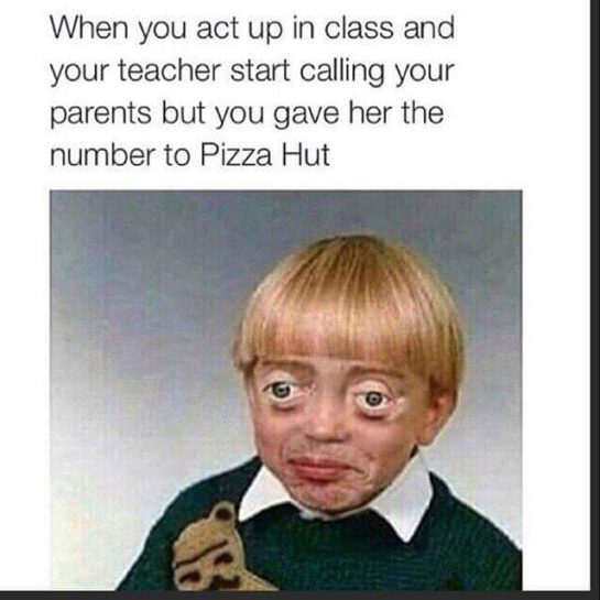 Kid smirking after teacher calls Pizza Hut instead of parents.