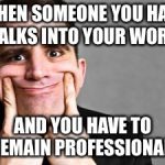 Man making a funny face to hide discomfort in a professional setting