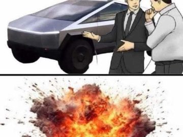 Car salesman slaps roof of car meme with explosion below.