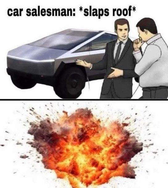 Car salesman slaps roof of car meme with explosion below.