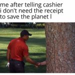 Meme of person shaking hands with a tree, feeling eco-friendly